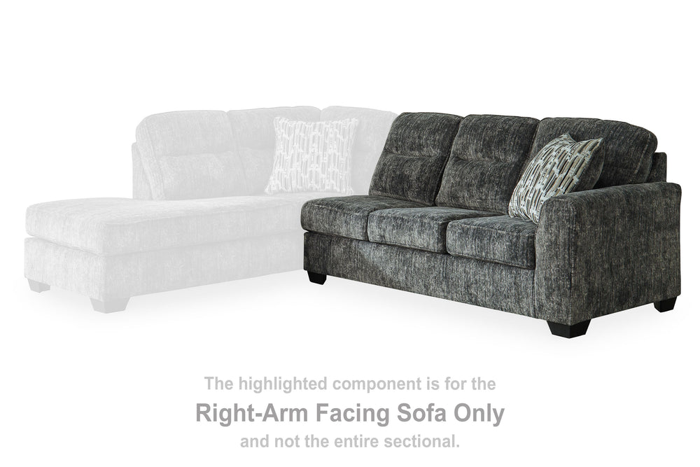 This right-arm facing sofa is made with polyester upholstery. Pairs with other items in the series to make a sectional.<br><br><b>Additional Dimensions</b><br><ul><li>Arm height: 27-"</li><li>Seat depth: 21-"</li><li>Seat height: 20-"</li><li>Top of cushi