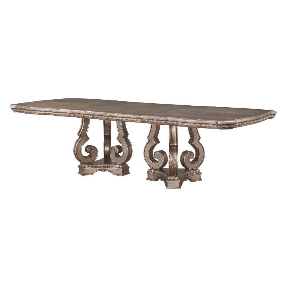 KD, Rectangular Double Pedestal Dining Table No Storage Extension Leaf: 2 Removable Leaves Raised Motifs and Carved Molding Trim (Poly-Resin) CONSTRUCTION Wooden Top: Antique Silver Finish, Oak Veneer, MDF with Painted Edge (17mm), Top Panel: MDF (12+12mm