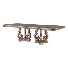 KD, Rectangular Double Pedestal Dining Table No Storage Extension Leaf: 2 Removable Leaves Raised Motifs and Carved Molding Trim (Poly-Resin) CONSTRUCTION Wooden Top: Antique Silver Finish, Oak Veneer, MDF with Painted Edge (17mm), Top Panel: MDF (12+12mm