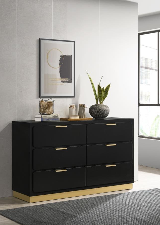 Modern luxury with a minimalist look offers a perfect fit for updated bedrooms as the six-drawer enhances a sleek master suite or guest bedroom. Wood and wood products construct a dresser with clean lines and a stylish Mid-Century Modern vibe. This dresse
