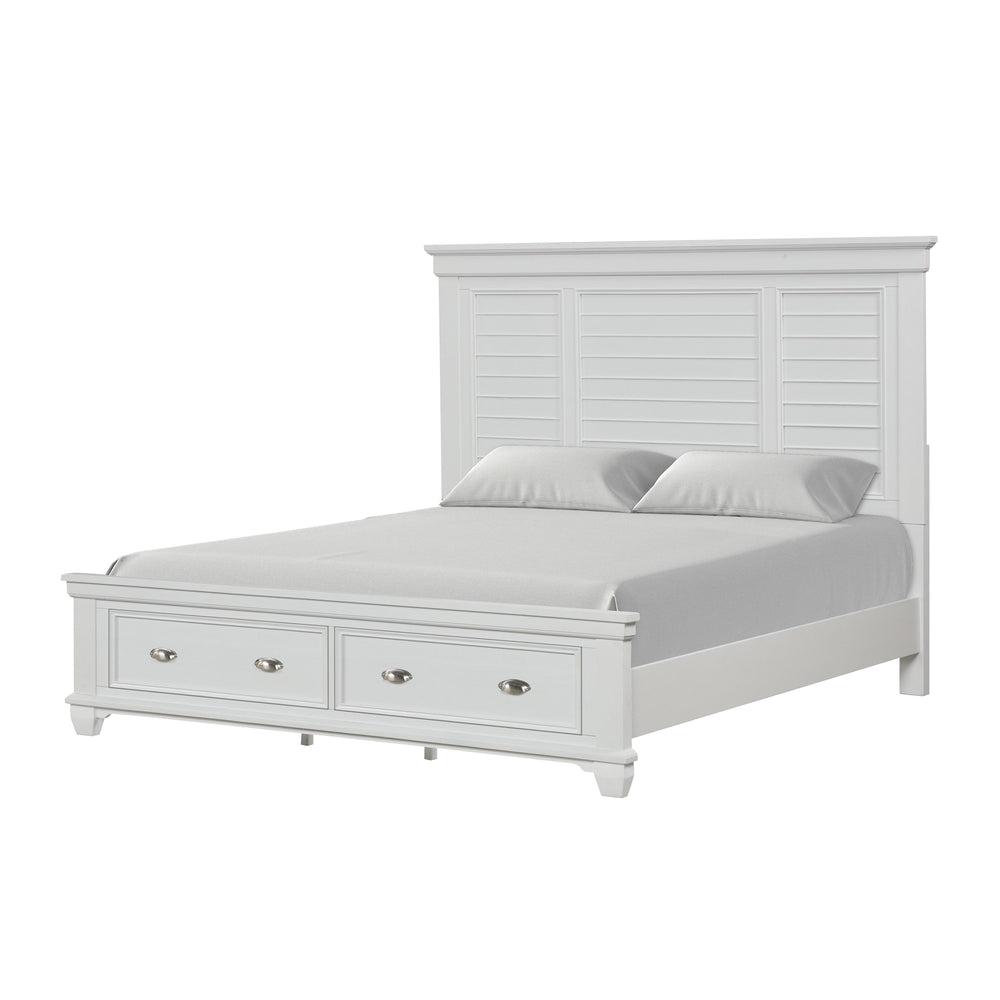 The Jamestown Panel Bed with Storage Footboard in White is a perfect fusion of durability, style, and functionality for your bedroom. This bed is expertly crafted from solid Acacia, premium manufactured woods, and authentic Oak veneers, ensuring long-last
