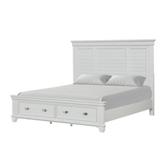 The Jamestown Panel Bed with Storage Footboard in White is a perfect fusion of durability, style, and functionality for your bedroom. This bed is expertly crafted from solid Acacia, premium manufactured woods, and authentic Oak veneers, ensuring long-last
