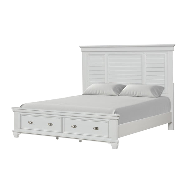 The Jamestown Panel Bed with Storage Footboard in White is a perfect fusion of durability, style, and functionality for your bedroom. This bed is expertly crafted from solid Acacia, premium manufactured woods, and authentic Oak veneers, ensuring long-last