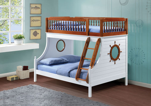 Bring joy to your little sailor-'s face with the Farah collection. The bunk bed features twin over full beds in a warm oak and white finish, easy access guardrail with decorative turned spindles, right facing built-in ladder, supporting slat system and de