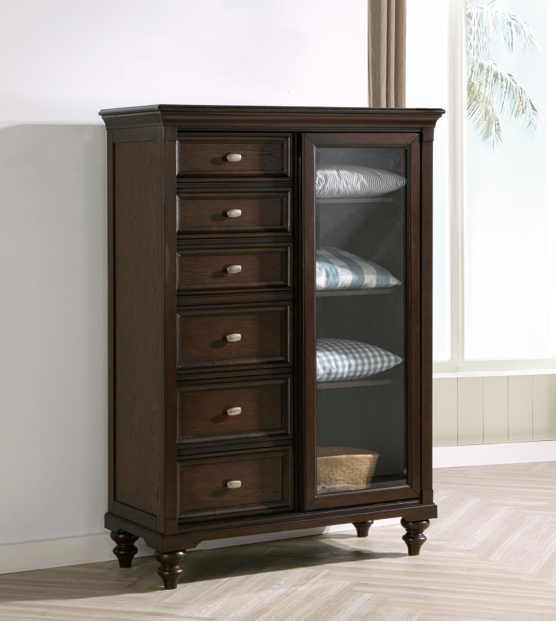 This door chest combines classic style with functional storage, making it a unique addition to your bedroom. It features six spacious drawers alongside a four-tier cabinet with tempered glass framed by solid wood, offering a display space for decor or eas