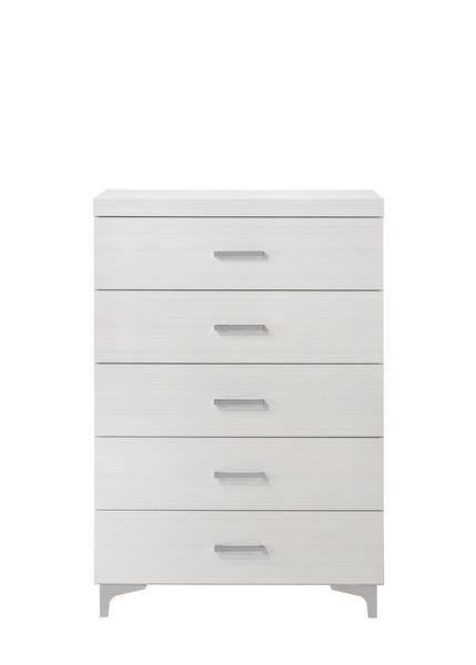 The Casilda bedroom collection will help you create the perfect retreat. In a white finish to easily style and works with various color schemes. Tying each piece together are the metal legs. The bed boasts a PU padded headboard with button tufting in a gr