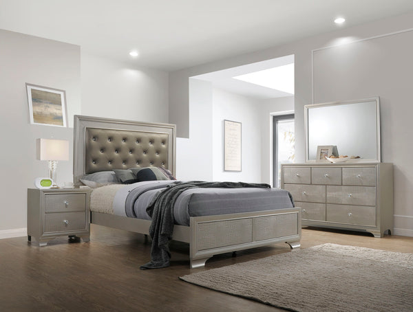 Step into a realm of sophistication and comfort with this stunning bedroom collection. Each piece showcases an exquisite blend of traditional charm and contemporary flair, making a bold statement with its textured surfaces and elegant champagne finish. Th
