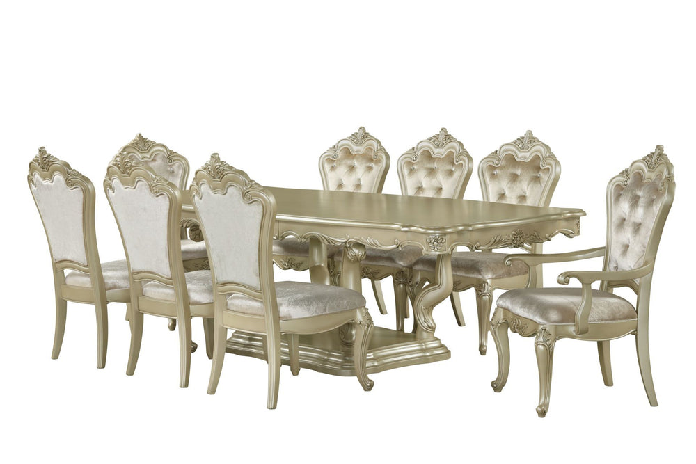 The Monique Dining Table in Champagne is the epitome of luxury and classic elegance. This beautifully crafted table includes a refined dining table top and a sturdy base, both constructed from poplar solids and birch veneers for lasting durability. Reflec