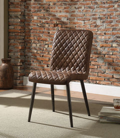 The Millerton side chair bring a clean and modern style to your dining room. This dining chair features a diamond patterned brown top grain leather padded seat with metal tapered legs in an antique black finish, creating a retro vibe. Add this chair to an