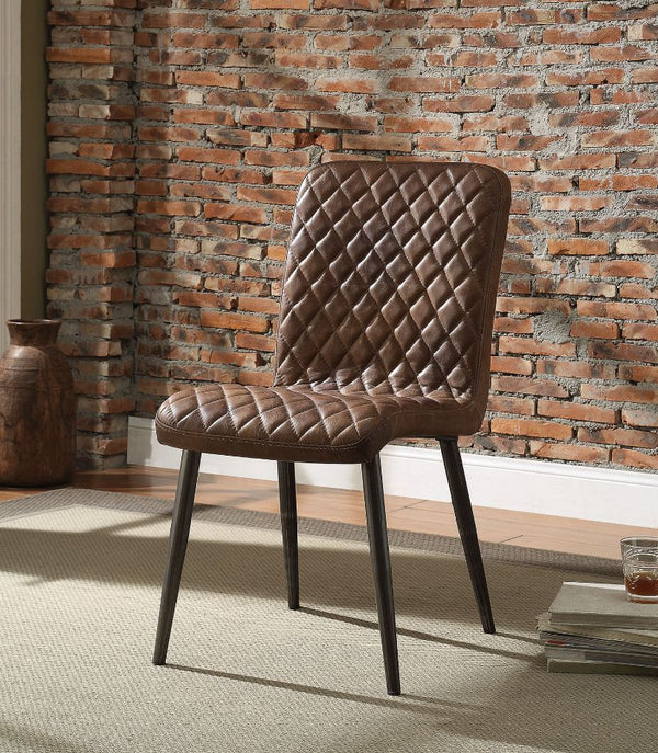 The Millerton side chair bring a clean and modern style to your dining room. This dining chair features a diamond patterned brown top grain leather padded seat with metal tapered legs in an antique black finish, creating a retro vibe. Add this chair to an