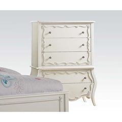 Create the dream bedroom for your little girl with Edalene collection. Beautiful accents are seen throughout including clear rosette knobs and tapered legs. The bed features a pearl white tufted headboard. With many storage options and details like floral