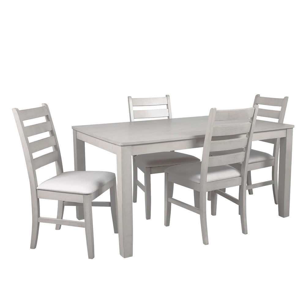 Experience the Pascal 5 Piece Dining Room Set in Driftwood Gray, a perfect blend of style and functionality. This set includes a 59-inch long rectangular wood dining table and four matching chairs, all crafted from a combination of solid Rubberwood and ma
