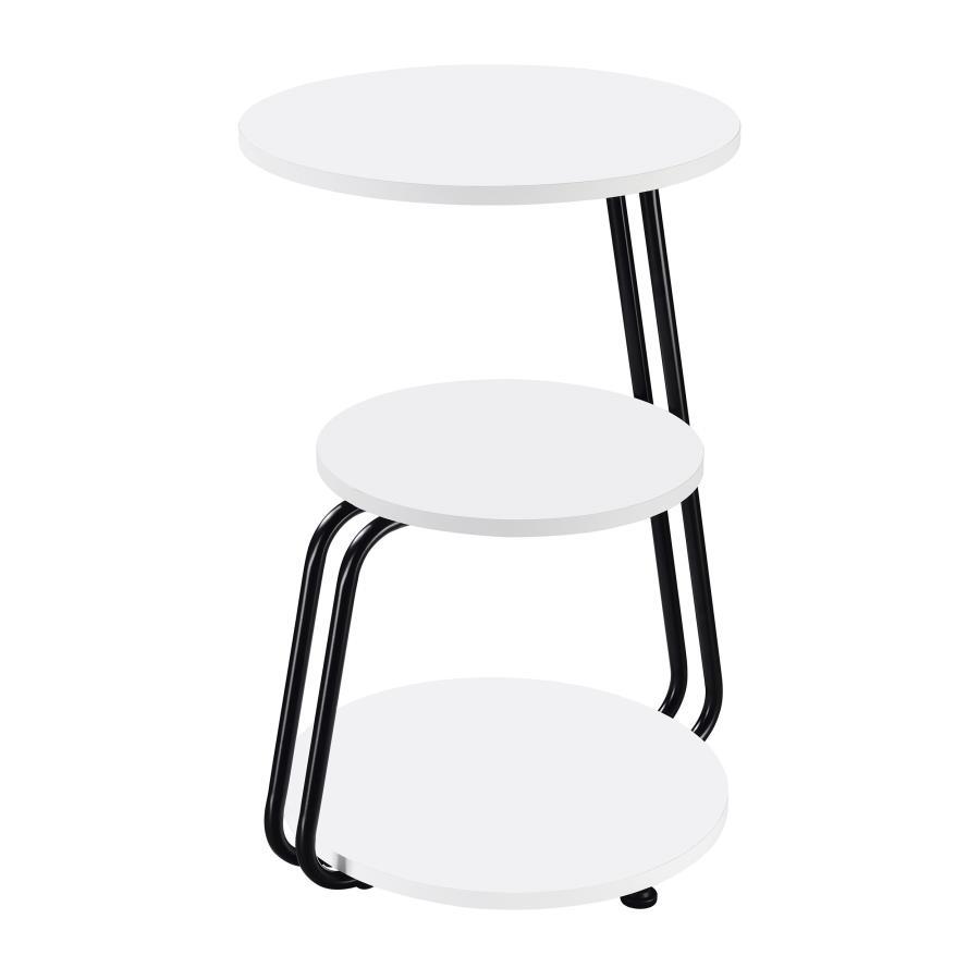 Put final touches on a modern living space with the sculpted flair of this contemporary accent table. The three-tier design is eye-catching and versatile, offering spaces for decor and essentials like a book or beverage. The table boasts a bright white fi