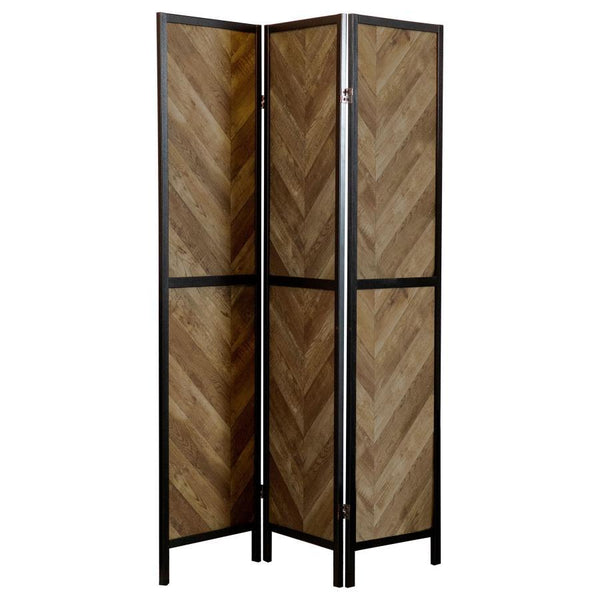Create a stylish and functional space with this 3-panel room divider, perfect for adding privacy or an eye-catching decorative accent. Featuring a bold herringbone pattern in a warm rustic tobacco finish, this divider brings a modern farmhouse charm to an