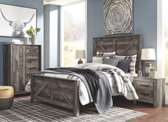 Rustic gray planked replicated oak grain with authentic touch. Large scaled dark colored hooded pull. Sticks across headboard give a thick planked look. Side roller glides for smooth operating drawers. Cases feature a framed front and pilasters. Large dra