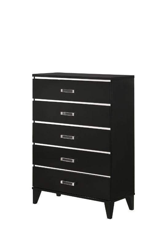 Explore modern simplicity that easily improve your overall aesthetic. The contemporary lines of this chest works perfectly with the temping finish, while decorative sliver trims add depth and reflect light. It offers five storage drawers with clear acryli