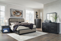 Inspired by art deco design, this softly shaped bedroom package makes a lasting impression in a simply stunning way. Contemporary lifestyle design. Made with hardwood solids and ash veneer. Rich layered black finish on textured wood grain surface. Collect