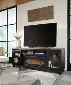 This TV stand with fireplace is rustic, casual contemporary style simply done right. Its two-tone color scheme features a rich brushed black finish accented with a dusty grayish brown wood tone. With two glass-front cabinets (each with an adjustable shelf