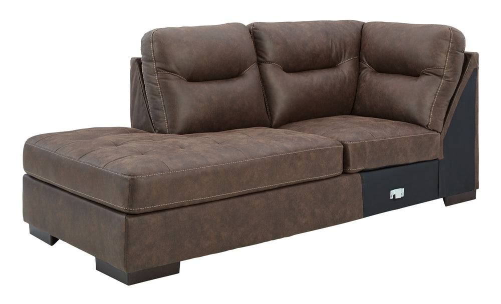 This left-arm facing corner chaise is made with faux leather upholstery. Pairs with other items in the series to make a sectional.<br><br><b>Additional Dimensions</b><br><ul><li>Arm height: 25-"</li><li>Seat depth: 69-"</li><li>Seat height: 19-"</li><li>T