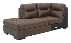 This left-arm facing corner chaise is made with faux leather upholstery. Pairs with other items in the series to make a sectional.<br><br><b>Additional Dimensions</b><br><ul><li>Arm height: 25-"</li><li>Seat depth: 69-"</li><li>Seat height: 19-"</li><li>T