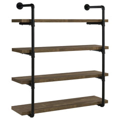 Industrial design can be elegant, as shown by this wall shelf. Plumbing pipe frame highlights the rugged utility that-'s the hallmark of the style. Wall hanging adds a unique element to the piece. Incorporates four (4) open shelves for ease of storage or 