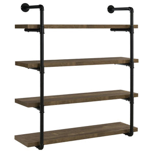 Industrial design can be elegant, as shown by this wall shelf. Plumbing pipe frame highlights the rugged utility that-'s the hallmark of the style. Wall hanging adds a unique element to the piece. Incorporates four (4) open shelves for ease of storage or 