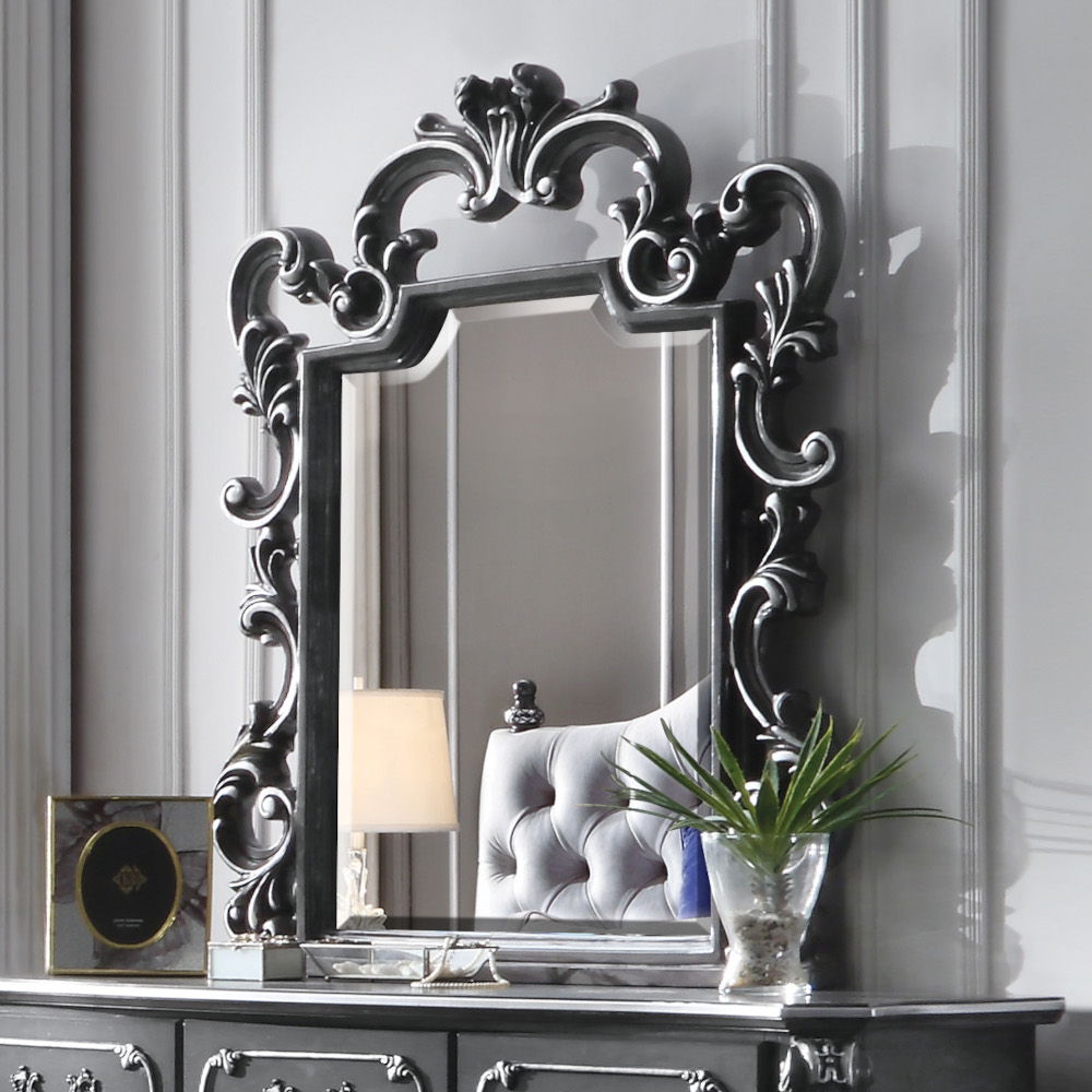 Designed for fans of our previous Vendome and Dresden collections, our House Delphine bedroom set embodies the romance of traditional design with a lighter touch. Each piece is hand-finished in sophisticated gray hues, and feature ornamental curves and fl