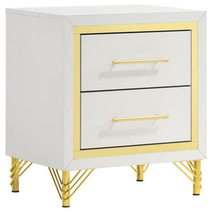 Gleaming gold trim captures attention on a modern two-drawer nightstand. Perfect for your sophisticated bedside, it boasts a bright white finish case that offers the perfect touch of depth with its gold trim. A pair of long bar pulls decorate drawer front