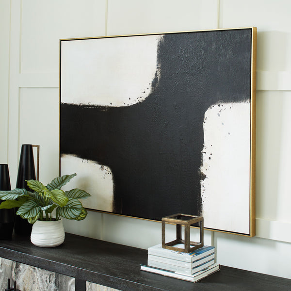  this abstract piece grounds your space with posh poise in shades of black