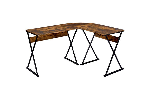 Strike a balance between contemporary design and age-old materials. The Zafiri Desk features an modern L-shaped top , with round corner design for both safety and style. The classic combination of rustic wood and black metal infuse the desk with an old-wo