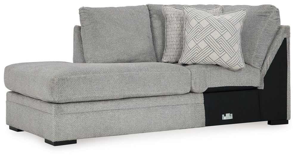 This left-arm facing corner chaise is made with polyester. Pairs with other items in the series to make a sectional.<br><br><b>Additional Dimensions</b><br><ul><li>Arm height: 40-"</li><li>Seat depth: 69-"</li><li>Seat height: 22-"</li><li>Top of cushion 