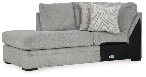 This left-arm facing corner chaise is made with polyester. Pairs with other items in the series to make a sectional.<br><br><b>Additional Dimensions</b><br><ul><li>Arm height: 40-"</li><li>Seat depth: 69-"</li><li>Seat height: 22-"</li><li>Top of cushion 