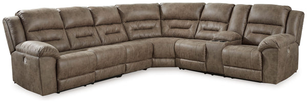 This power reclining sectional is designed exclusively for those who are serious about R&R. Its overstuffed cushions and pillow top arms feel oh-so-plush, and the faux leather upholstery accented with jumbo stitching is silky soft. Go from upright to recl