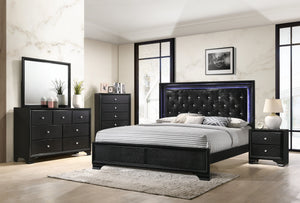 Step into a realm of sophistication and comfort with this stunning bedroom collection. Each piece showcases an exquisite blend of traditional charm and contemporary flair, making a bold statement with its textured surfaces and rich black finish. The bed, 