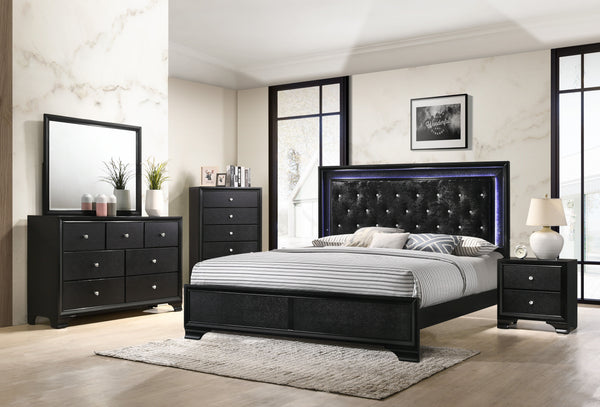 Step into a realm of sophistication and comfort with this stunning bedroom collection. Each piece showcases an exquisite blend of traditional charm and contemporary flair, making a bold statement with its textured surfaces and rich black finish. The bed, 