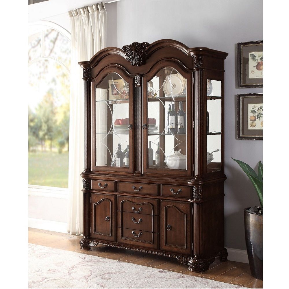 Hutch & Buffet Hutch with Touch Light Function Hutch Storage: 2 Glass Doors with 2 Glass Shelves Inside (Back Mirror Panel) Buffet Storage: 5 Drawers, 2 Wood Doors Buffet Drawer: Center Metal GLIDE Drawer , Felt Lined Top Drawer Collection Chateau de Vill