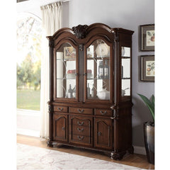Hutch & Buffet Hutch with Touch Light Function Hutch Storage: 2 Glass Doors with 2 Glass Shelves Inside (Back Mirror Panel) Buffet Storage: 5 Drawers, 2 Wood Doors Buffet Drawer: Center Metal GLIDE Drawer , Felt Lined Top Drawer Collection Chateau de Vill