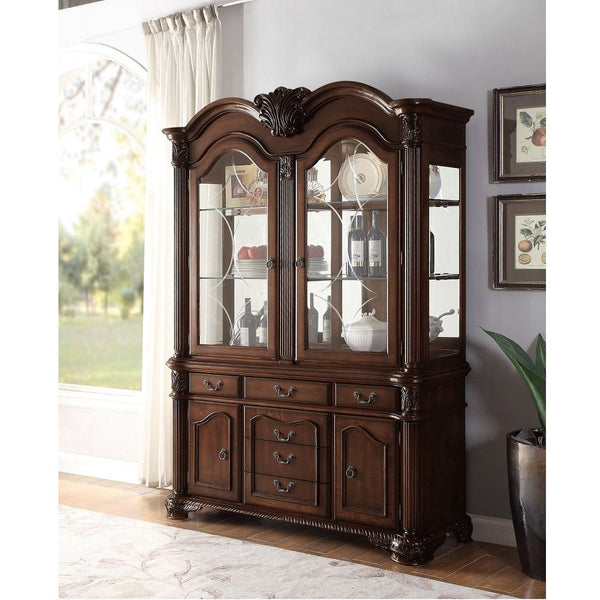 Hutch & Buffet Hutch with Touch Light Function Hutch Storage: 2 Glass Doors with 2 Glass Shelves Inside (Back Mirror Panel) Buffet Storage: 5 Drawers, 2 Wood Doors Buffet Drawer: Center Metal GLIDE Drawer , Felt Lined Top Drawer Collection Chateau de Vill