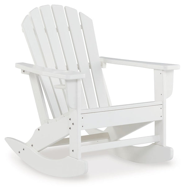 Add cottage-quaint charm to your outdoor oasis with this rocking chair in white. Made of MEGA-TUFFÂ® high-density polyethylene material, itâ€™s sure to weather the seasons beautifully. Designed to shed rainwater, the chairâ€™s slatted styling and classic 