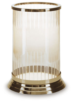 Illuminate your home in traditional style. A brass-tone finish on this candle holder brings a classic feel to the metal base. Its carved glass, in a light amber hue, gives you a timeless aesthetic you can love.<br/><br/><b>Product Features</b><ul><li>Made