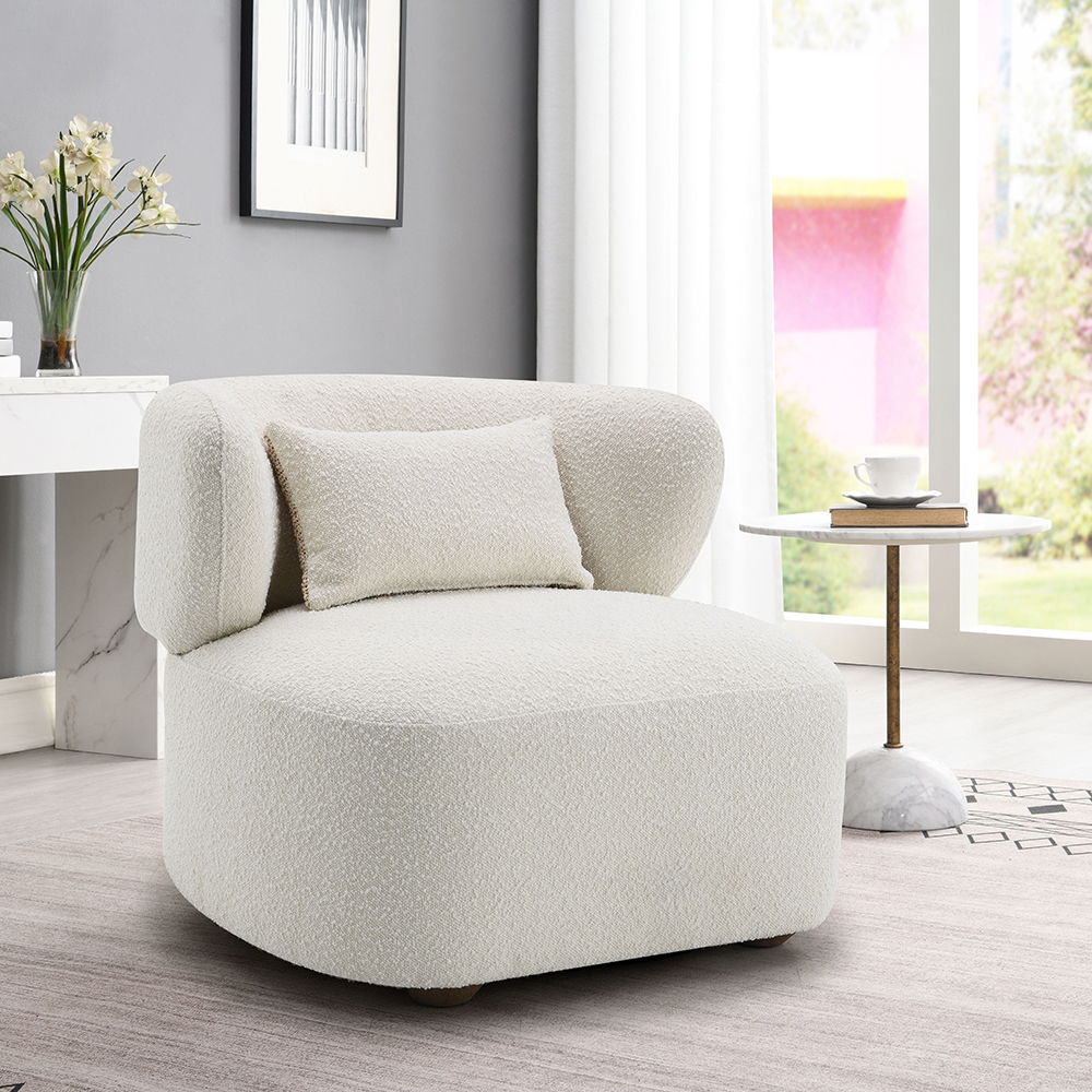 Enhance your living space with this Darius collection accent chair, featuring a cozy pillow and upholstered in luxurious red and beige boucle fabric. Its modern design, combined with the soft, inviting texture, makes it the perfect addition to any room. W