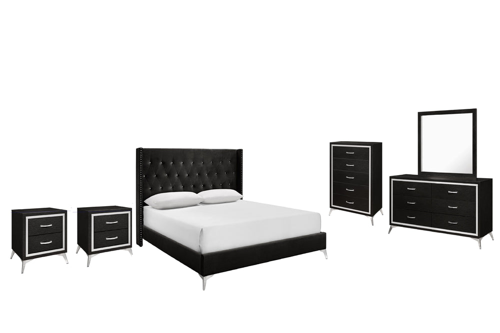 The Huxley 6-Piece Bedroom Set in Black offers a perfect blend of contemporary glam and durable construction for a stylish and functional bedroom. This set includes an upholstered bed with headboard, footboard, two side rails, and slat kit, along with a 6