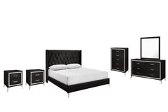 The Huxley 6-Piece Bedroom Set in Black offers a perfect blend of contemporary glam and durable construction for a stylish and functional bedroom. This set includes an upholstered bed with headboard, footboard, two side rails, and slat kit, along with a 6