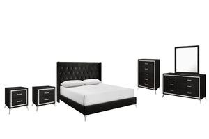 The Huxley 6-Piece Bedroom Set in Black offers a perfect blend of contemporary glam and durable construction for a stylish and functional bedroom. This set includes an upholstered bed with headboard, footboard, two side rails, and slat kit, along with a 6