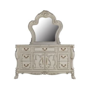  Dresden is donned in an amiable antique white finish with hand-applied burnish over the many layers of stains and finishes that are manually rubbed on