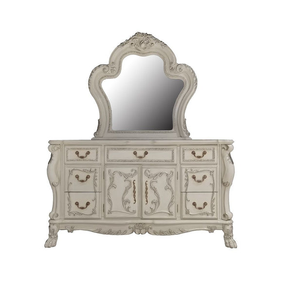  Dresden is donned in an amiable antique white finish with hand-applied burnish over the many layers of stains and finishes that are manually rubbed on