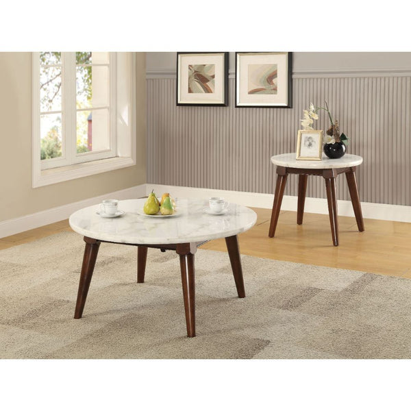 KD, Round Coffee Table (NO Storage) â€¢ Marble Top: White â€¢ Wooden Tapered Leg: Walnut Finish â€¢<br/><br/><b>Product Features</b><ul><li>Round Leg Tables</li><li>White Marble Top</li><li>Wooden Tapered Leg</li><li>Gasha Collection: 72820 Dining, 82890 