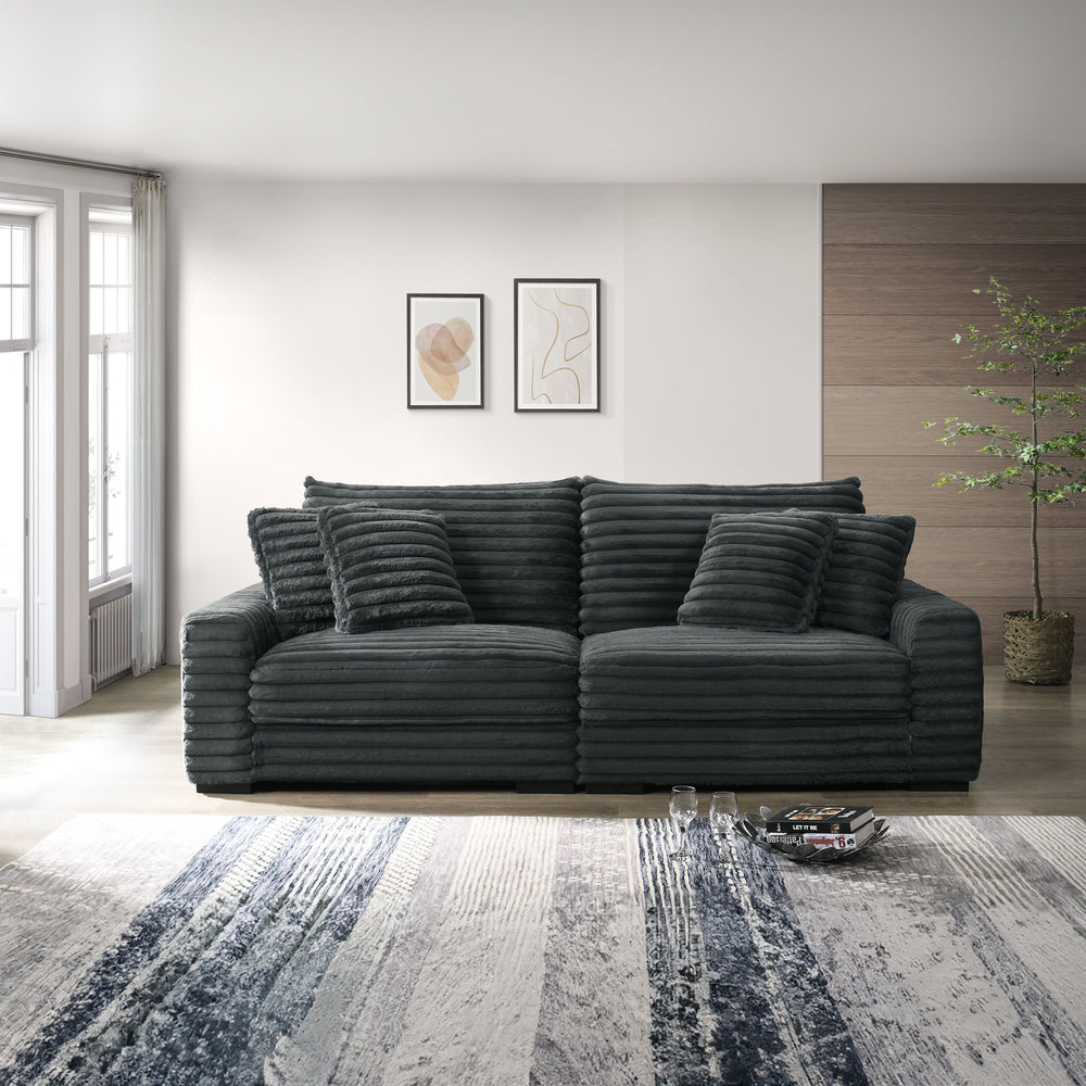 This two-piece Embrace sofa in charcoal gray is designed to transform your living space into a haven of comfort and style. Made from 100% polyester fabric with a plush, blanket-like texture, it promises ultimate relaxation. The set includes a right arm fa