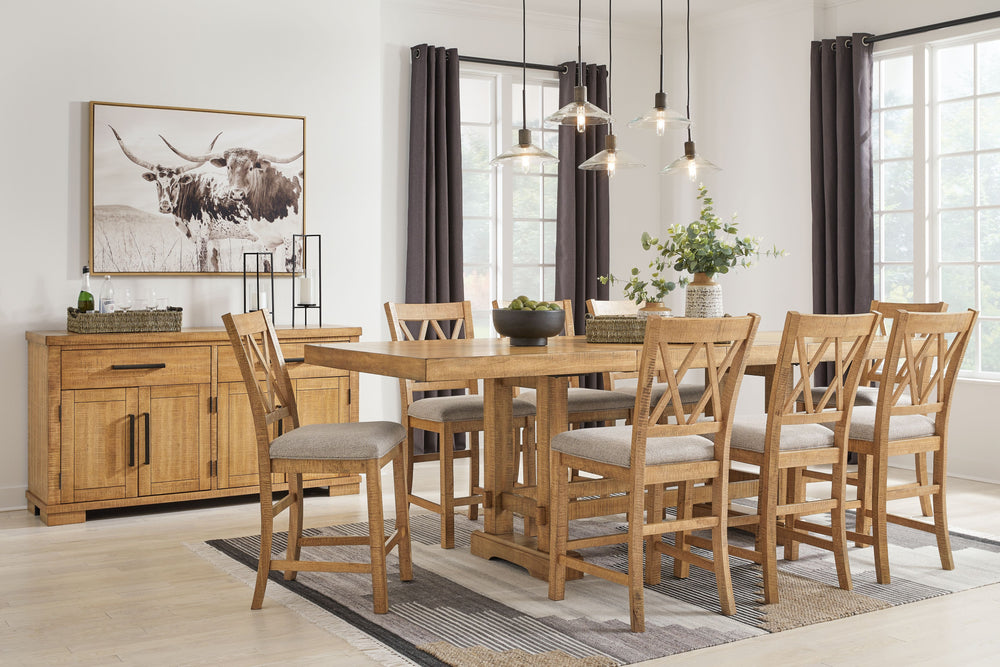 This dining package is a favorite for casual rustic interiors. Casual Rustic design. Made with Rubberwood solids, distressed Pine veneers and MDF substrates. Distressed light brown Pine finish. Counterheight extension table with two center leaves, can sit