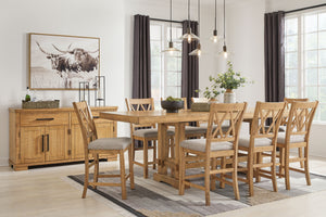 This dining package is a favorite for casual rustic interiors. Casual Rustic design. Made with Rubberwood solids, distressed Pine veneers and MDF substrates. Distressed light brown Pine finish. Counterheight extension table with two center leaves, can sit